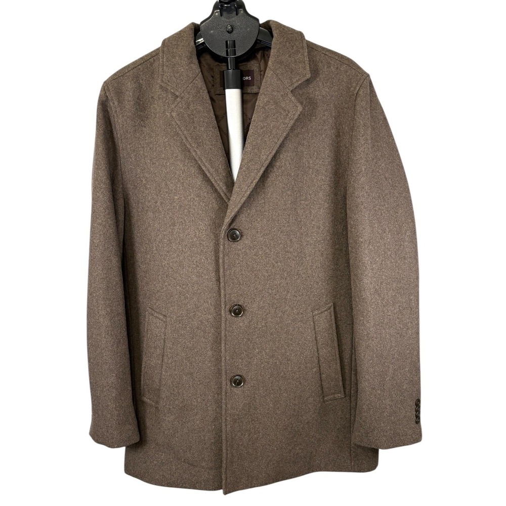 Michael Kors Mens Wool Blend Car Coat Brown Button Front Overcoat Jacket Large